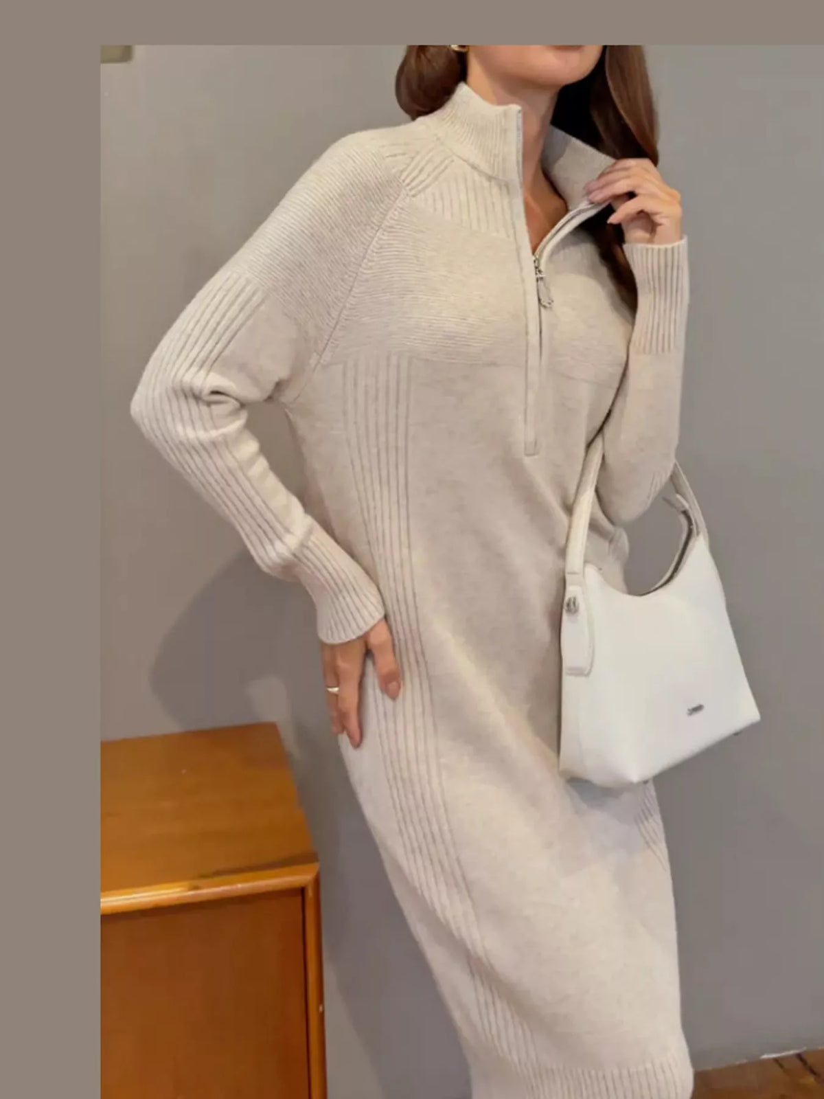 Half-Zip Ribbed Knit Sweater Dress