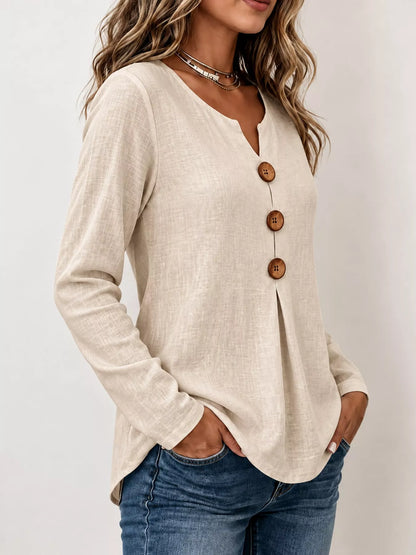 Full Size Long Sleeve Blouse with Decorative Wooden Buttons Plus Size