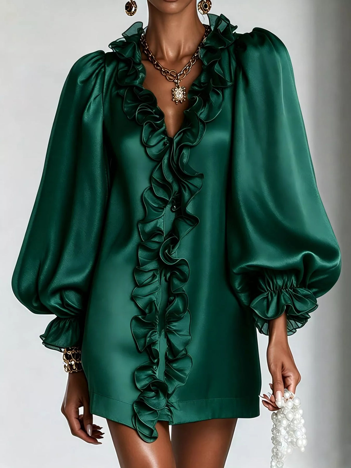 Ruffle Trim Puff Sleeve Mini Dress