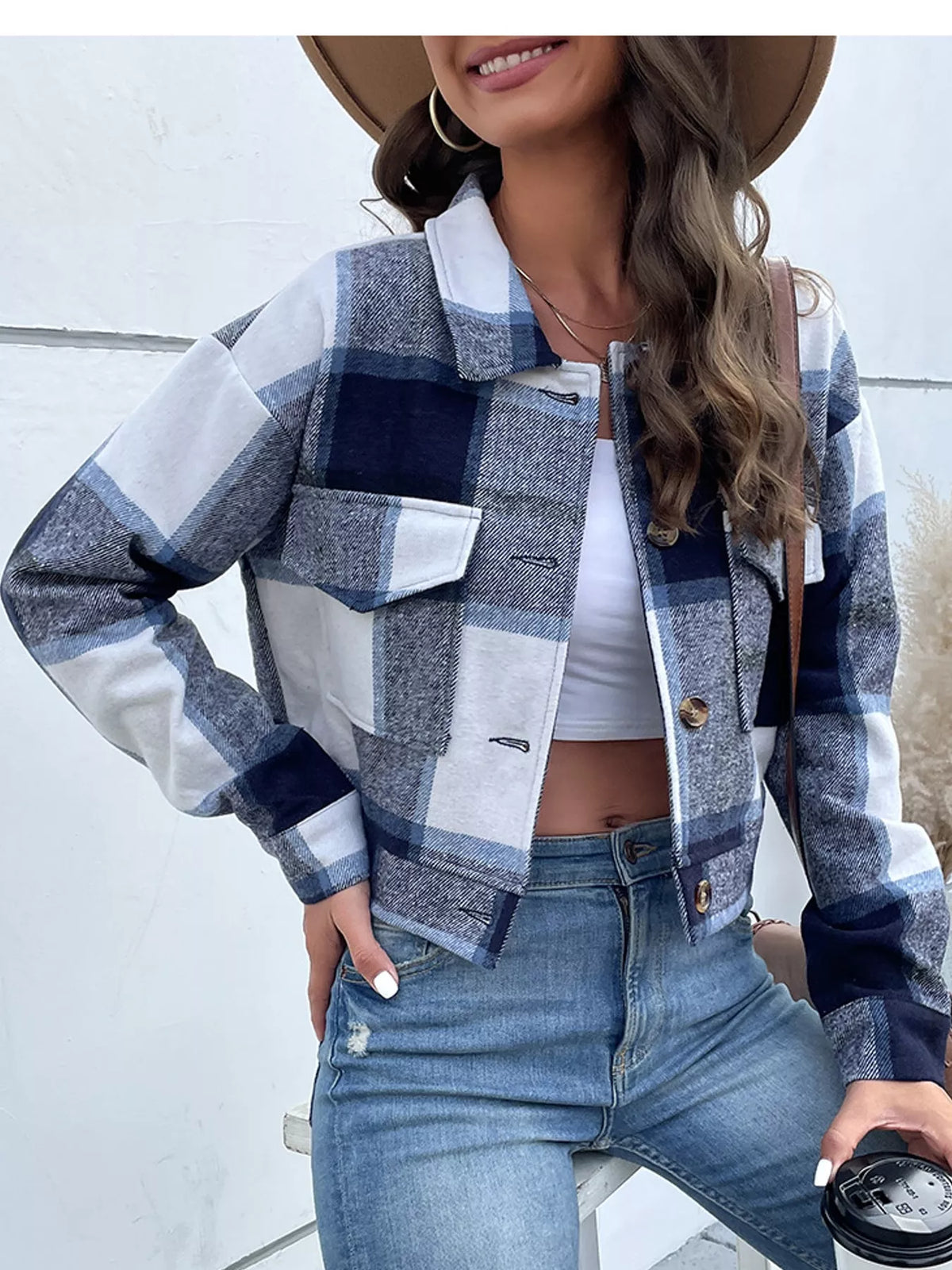Plaid Button-Up Cropped Jacket
