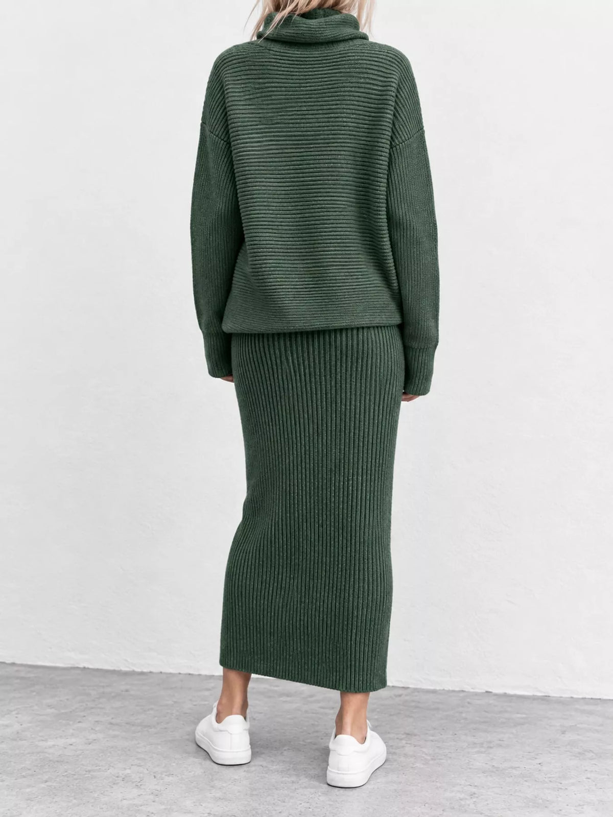 Ribbed Turtleneck Sweater Set with Matching Midi Skirt