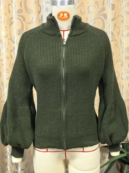 Full Size Elegant Ribbed Knit Zip-Up Cardigan with Lantern Sleeves Plus Size