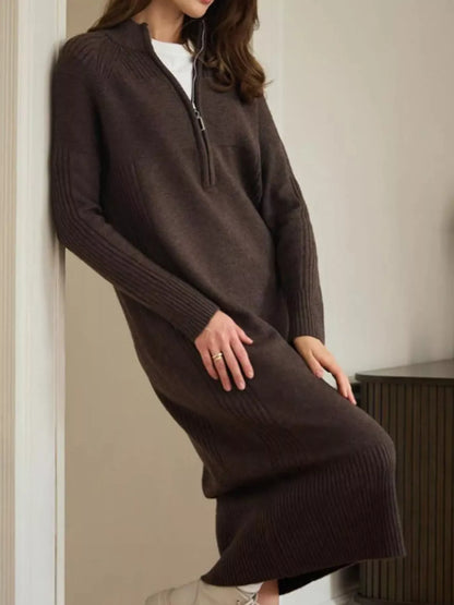 Half-Zip Ribbed Knit Sweater Dress