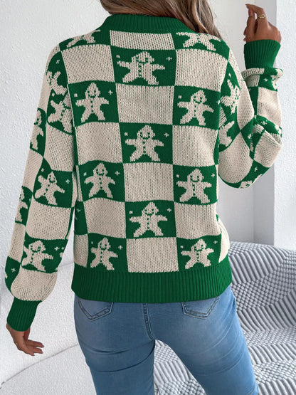 Christmas Checkerboard Gingerbread Round Neck Sweater