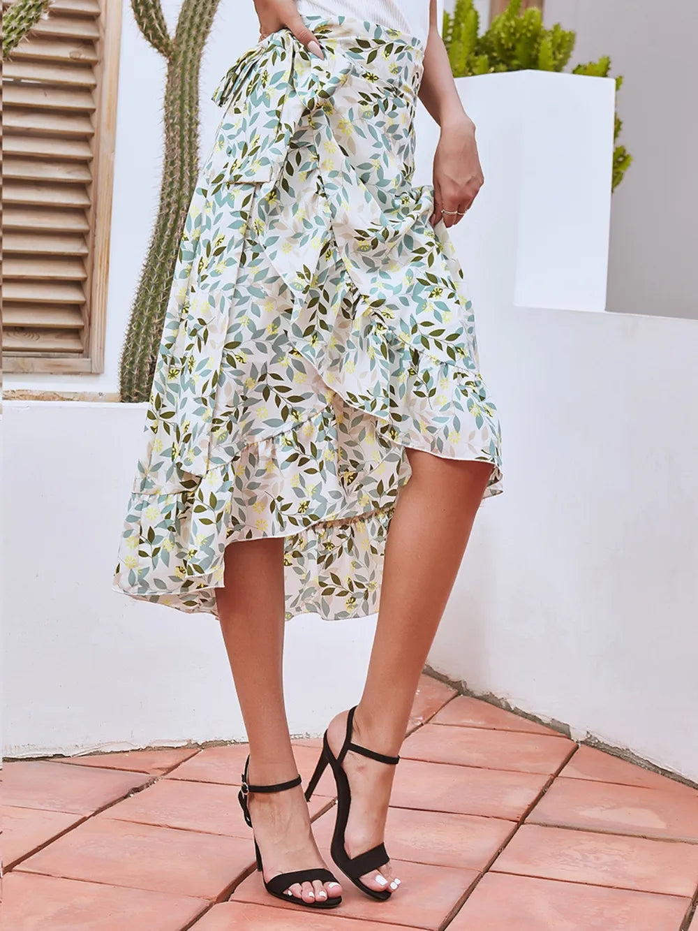 Printed Ruffled Midi Skirt
