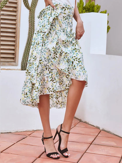 Printed Ruffled Midi Skirt