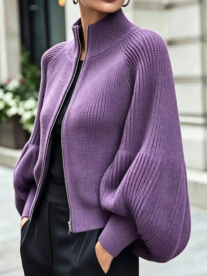Full Size Elegant Ribbed Knit Zip-Up Cardigan with Lantern Sleeves Plus Size