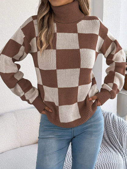 Checkered Turtleneck Long Sleeve Sweater