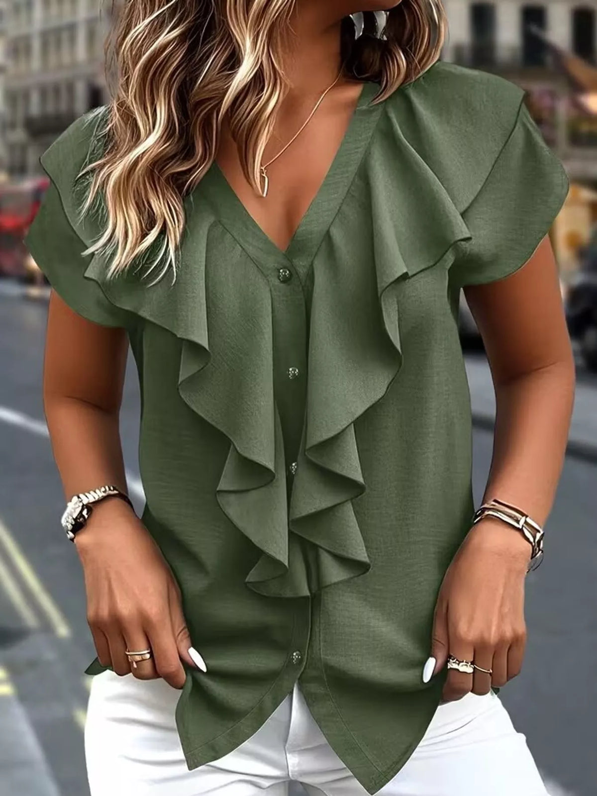 Elegant V-Neck Ruffle Trim Button-Down Shirt
