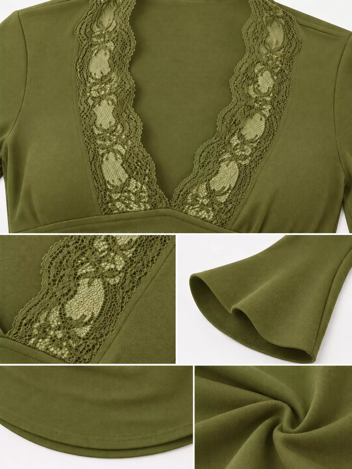 Lace Trim V-Neck Long Sleeve Slim Fit T-Shirt