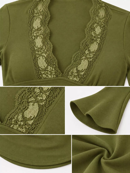Lace Trim V-Neck Long Sleeve Slim Fit T-Shirt