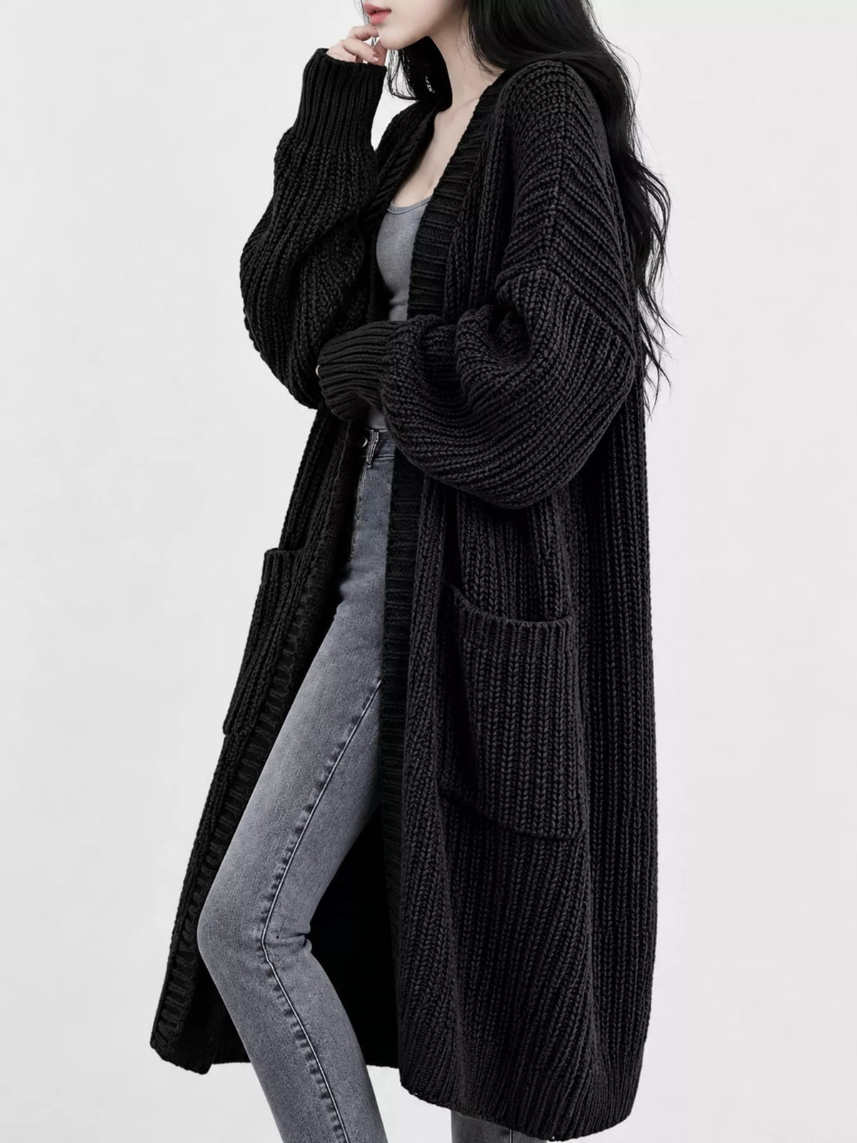 Full Size Chunky Knit Openwork Front Longline Cardigan Plus Size