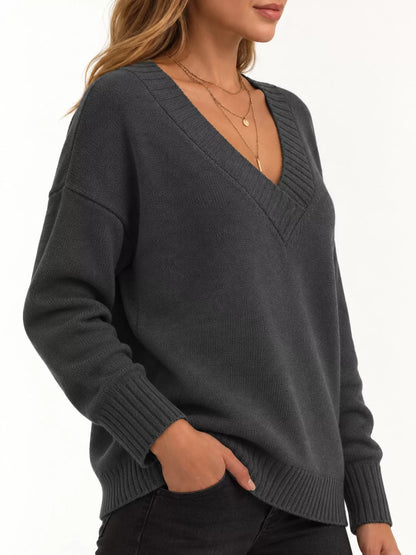 Full Size V-Neck Dropped Shoulder Sweater Plus Size
