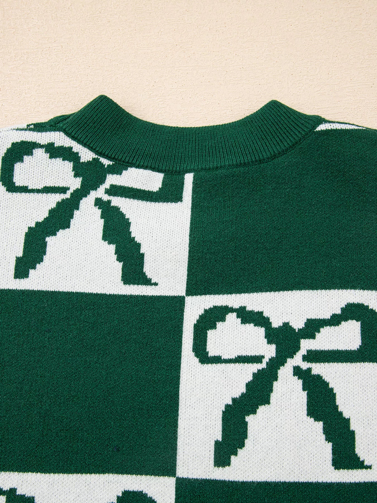 Checkered Bow Round Neck Casual Sweater