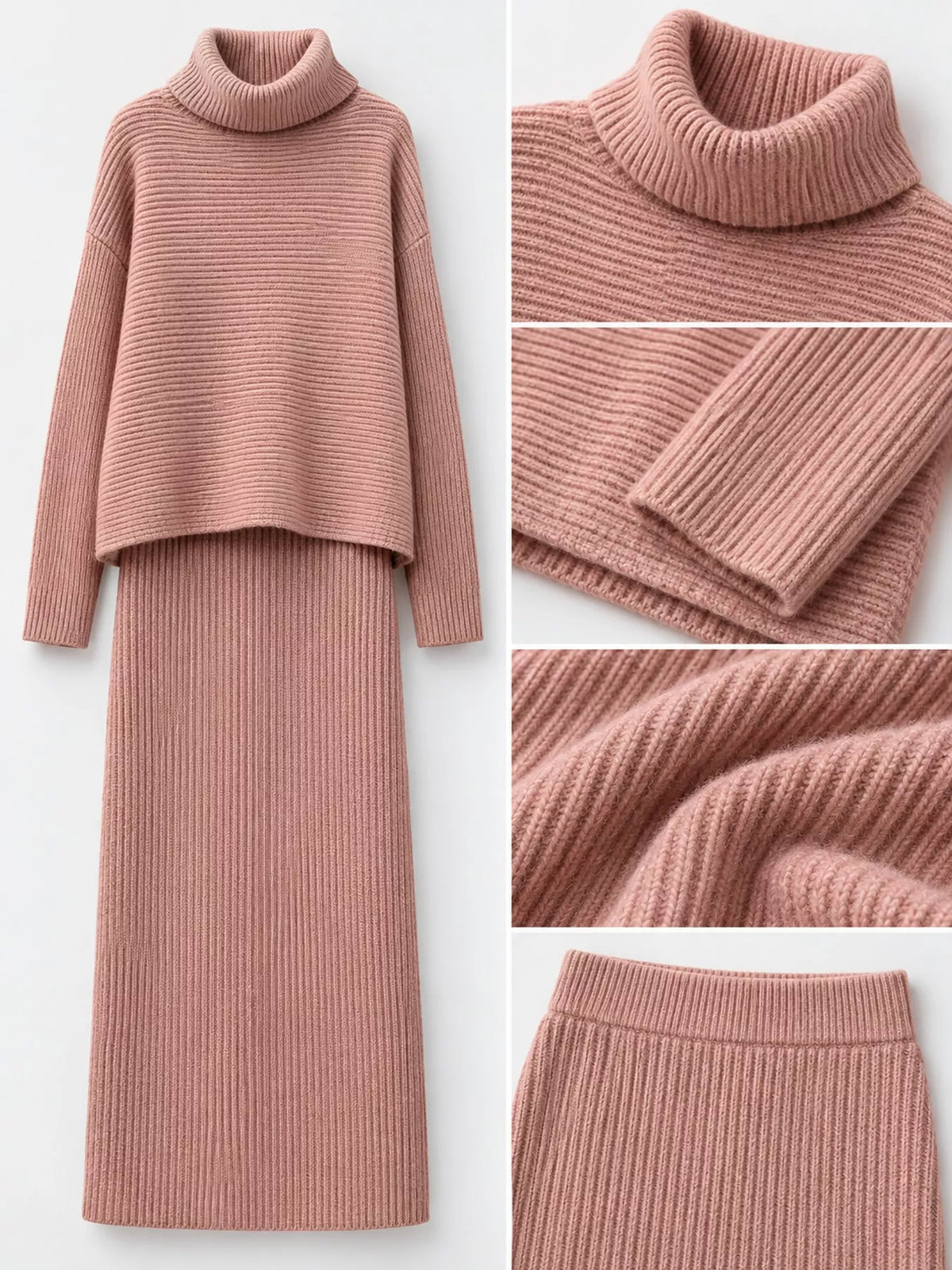 Ribbed Turtleneck Sweater Set with Matching Midi Skirt