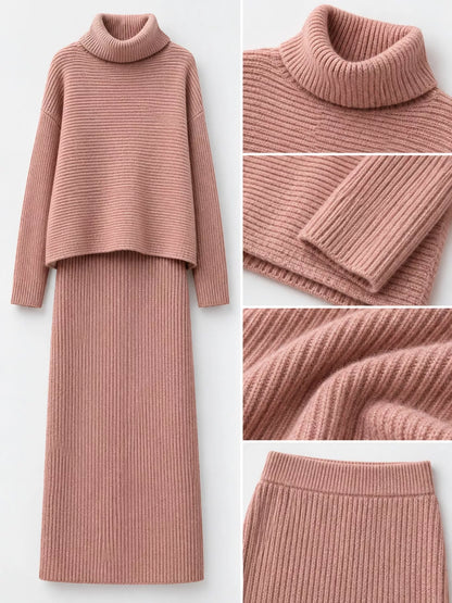 Ribbed Turtleneck Sweater Set with Matching Midi Skirt