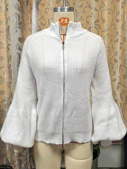 Full Size Elegant Ribbed Knit Zip-Up Cardigan with Lantern Sleeves Plus Size