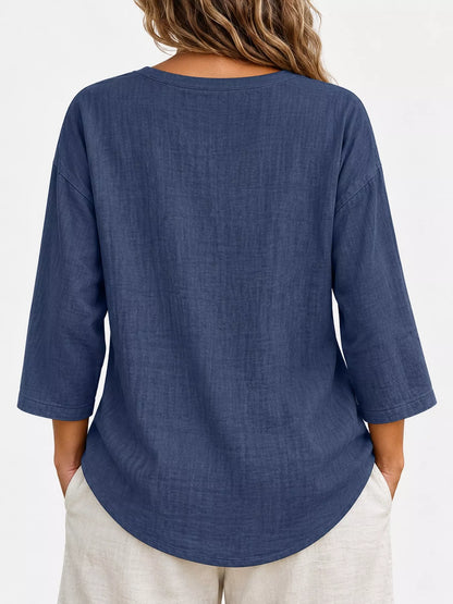 Full Size Button Detail Notched 3/4 Sleeve Blouse Plus Size