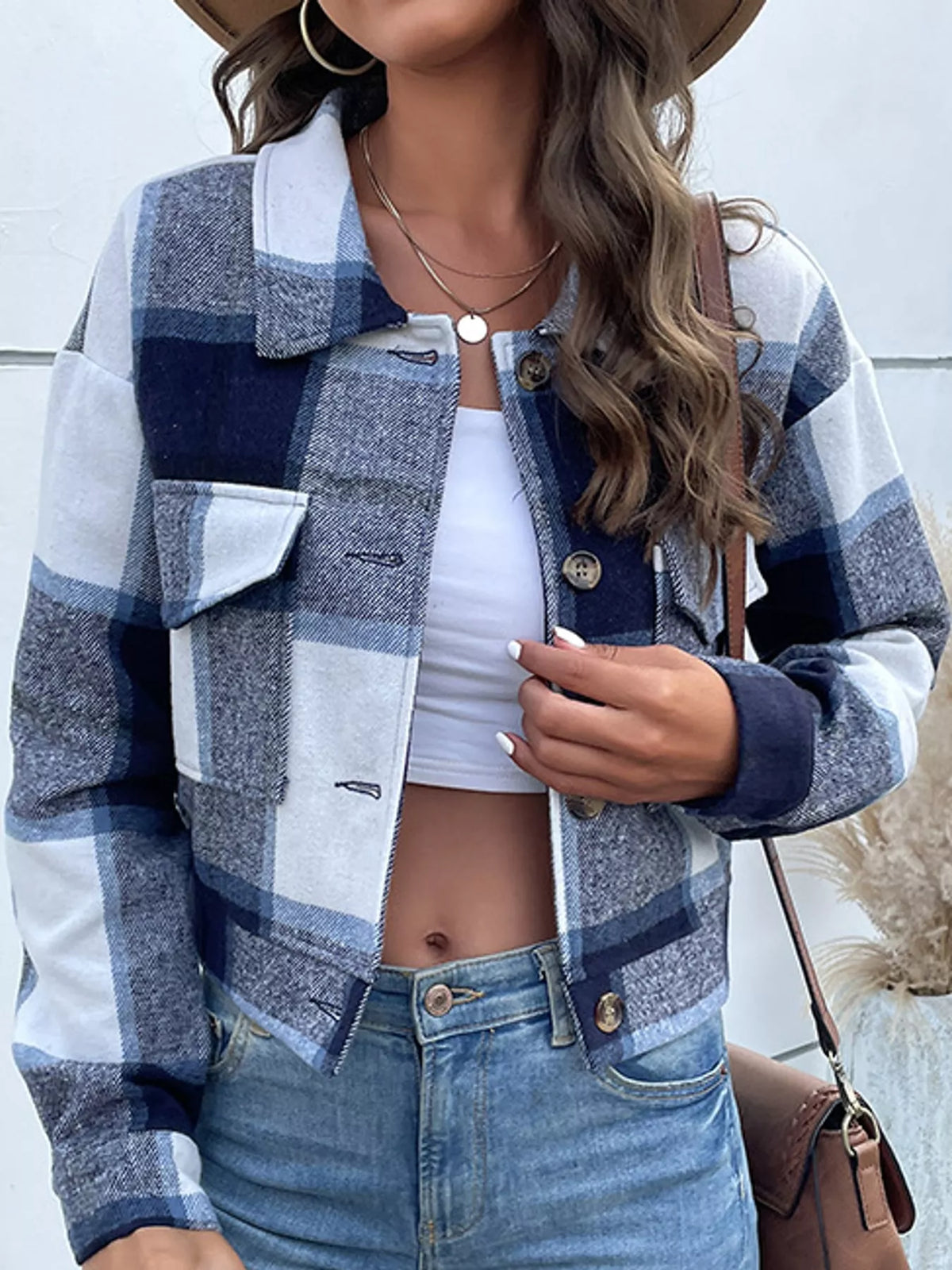 Plaid Button-Up Cropped Jacket