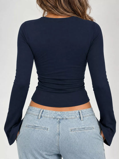 Lace Trim V-Neck Long Sleeve Slim Fit T-Shirt