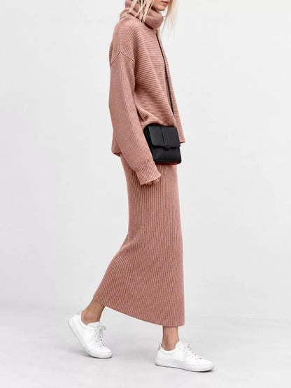 Ribbed Turtleneck Sweater Set with Matching Midi Skirt
