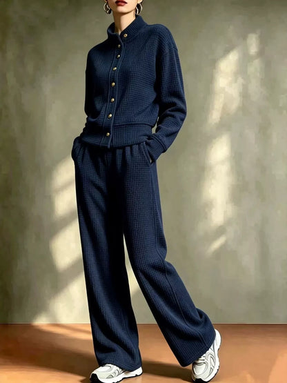 Waffle Knit Button-Up Outerwear and Wide-Leg Pants Set