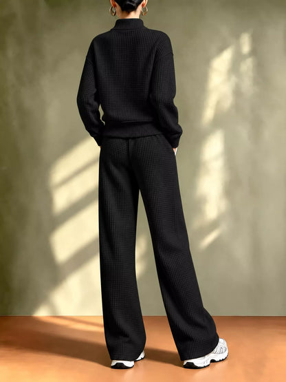 Waffle Knit Button-Up Outerwear and Wide-Leg Pants Set