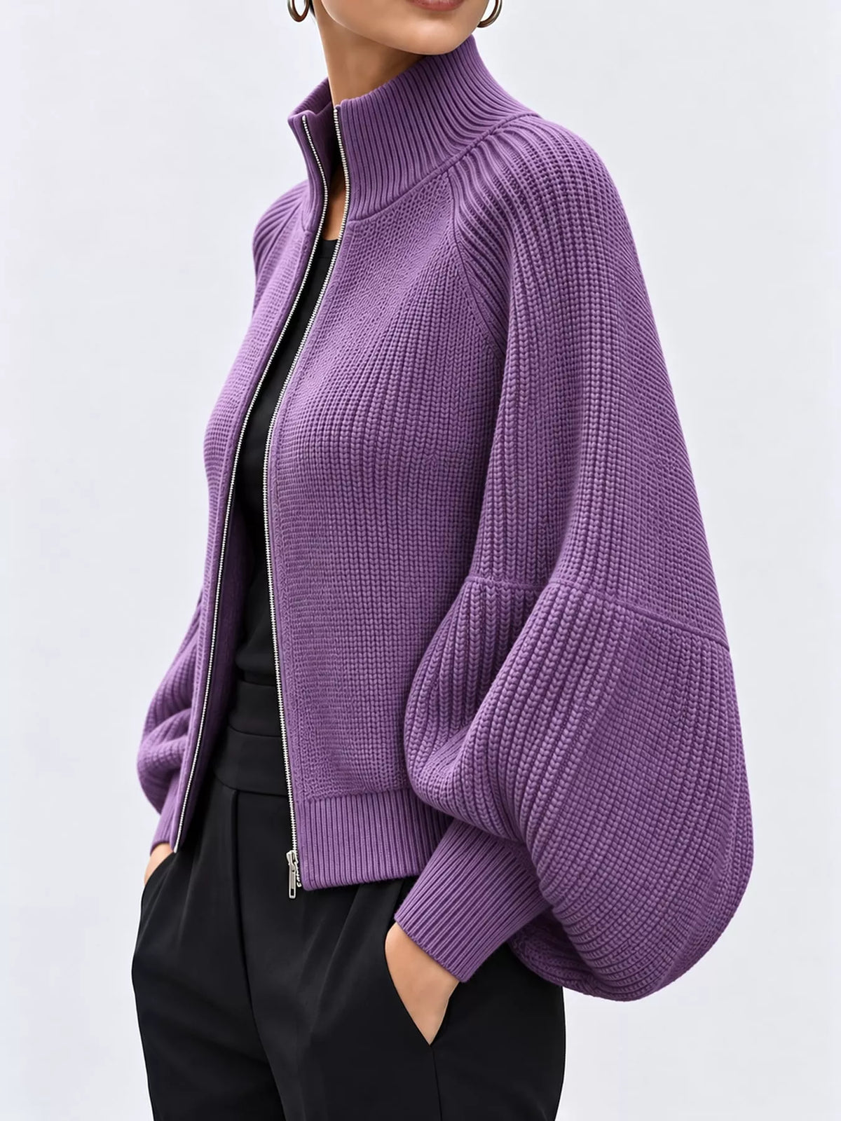 Full Size Elegant Ribbed Knit Zip-Up Cardigan with Lantern Sleeves Plus Size