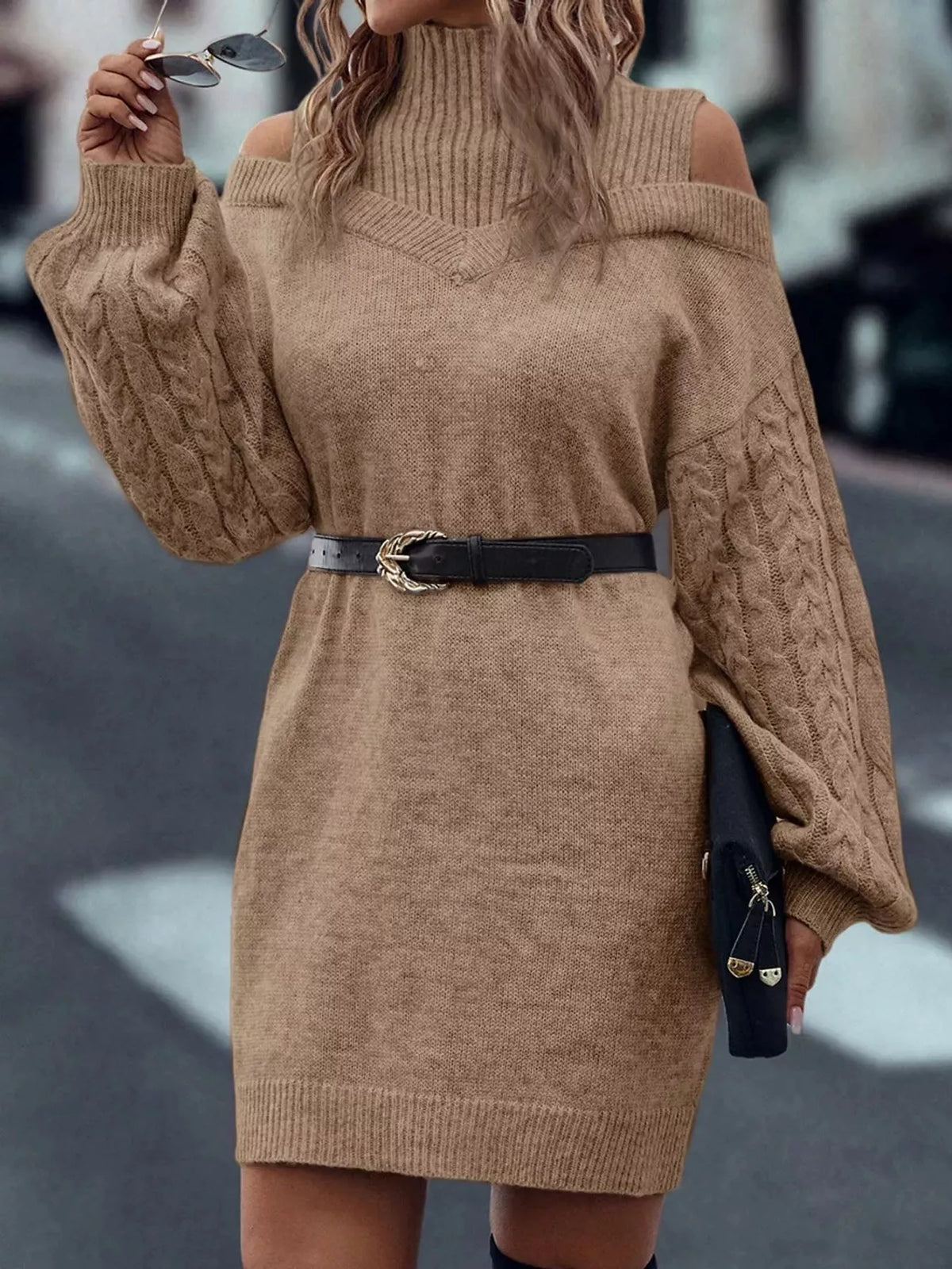 Cold Shoulder Cable Knit Mock Neck Sweater Dress