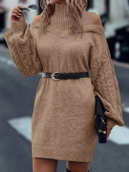Cold Shoulder Cable Knit Mock Neck Sweater Dress