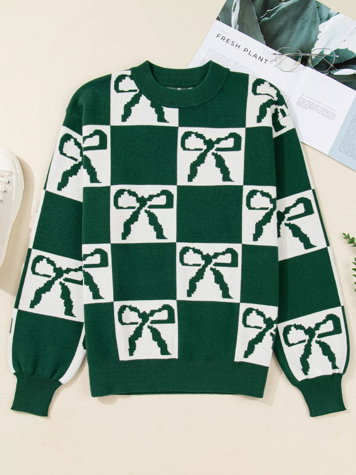 Checkered Bow Round Neck Casual Sweater