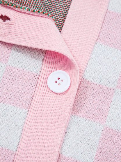 Christmas Tree Pattern Checkered Button V Neck Cardigan