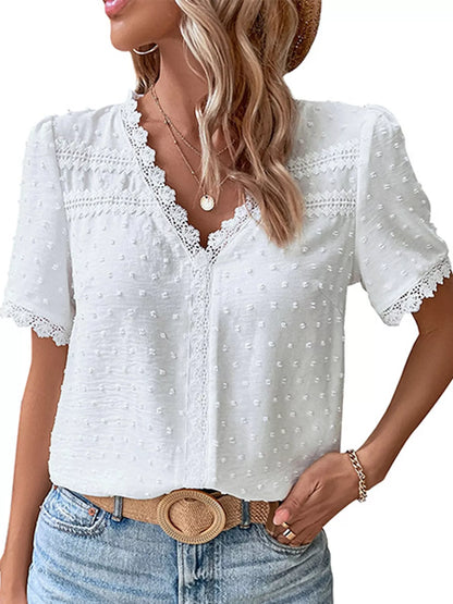 Elegant Swiss Dot V-Neck Blouse with Lace Trim