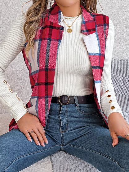 Plaid Open Front Vest