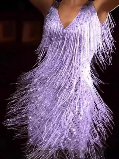 Full Size Fringe Sequin V-Neck Mini Dress Plus Size