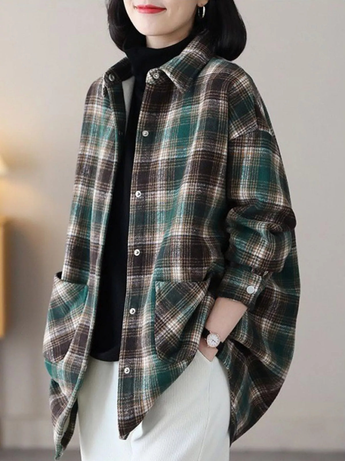 Oversized Plaid Long Sleeve Brushed Shirt with Fleece Lining