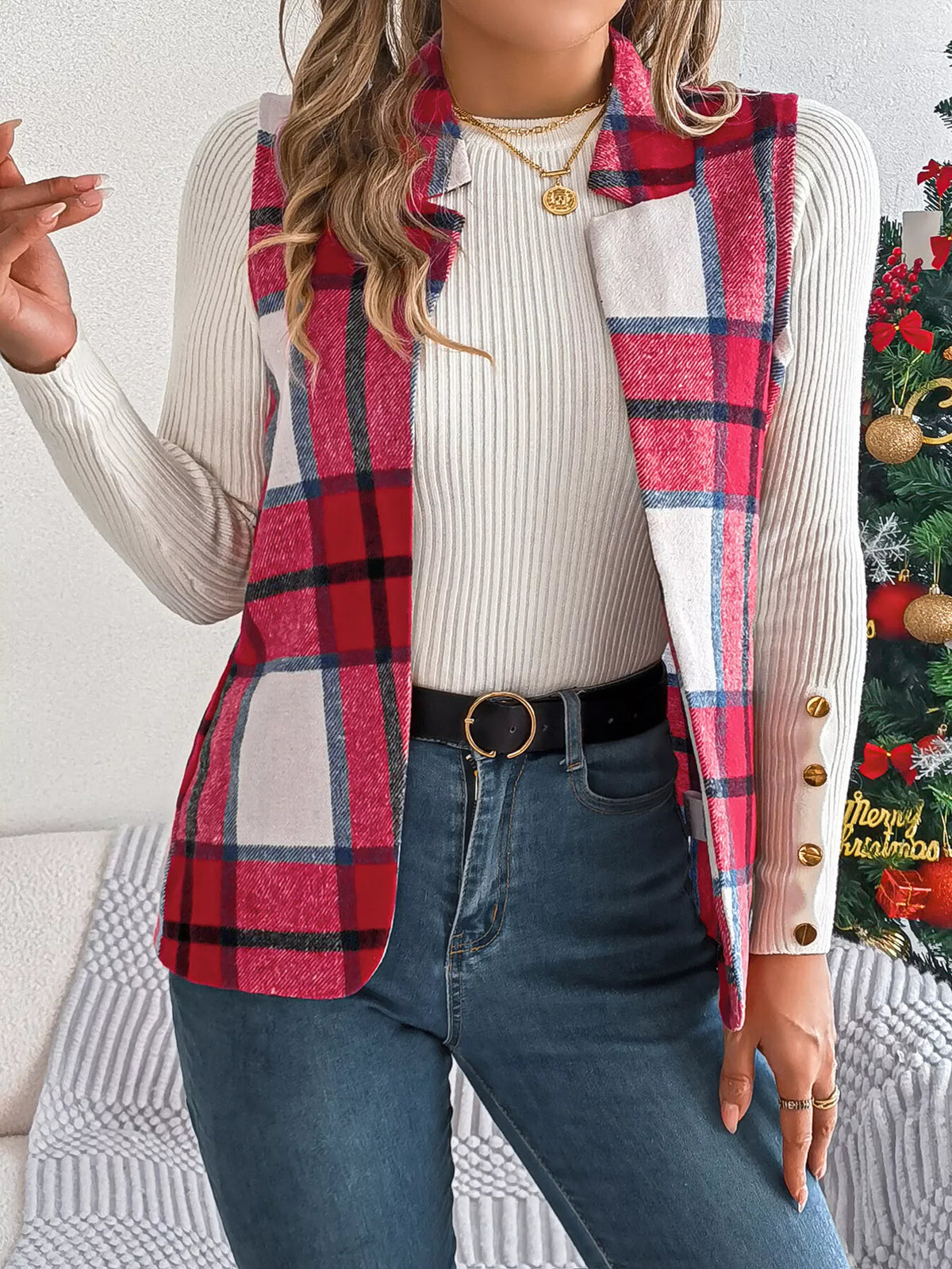 Plaid Open Front Vest