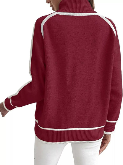 Full Size Contrast Trim Ribbed Hem Turtleneck Sweater Plus Size