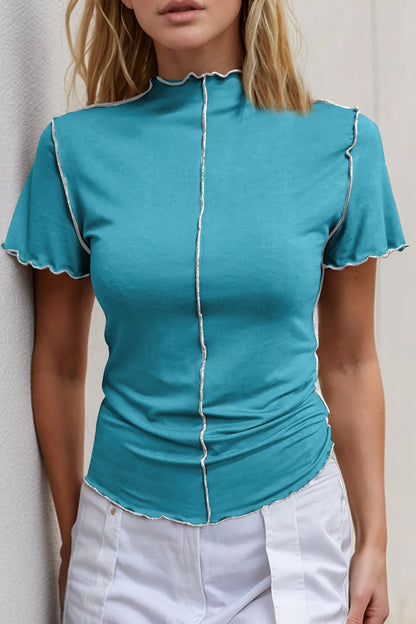 Basic Bae Mock Neck Wave Edge Contrast Stitching Ruffle Short Sleeve Slim Fit Casual Top