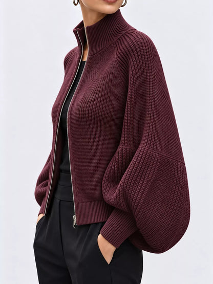 Full Size Elegant Ribbed Knit Zip-Up Cardigan with Lantern Sleeves Plus Size