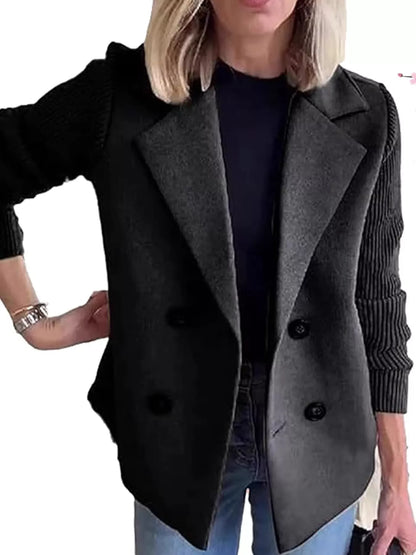 Full Size Double-Breasted Hybrid Blazer with Ribbed Knit Sleeves Plus Size