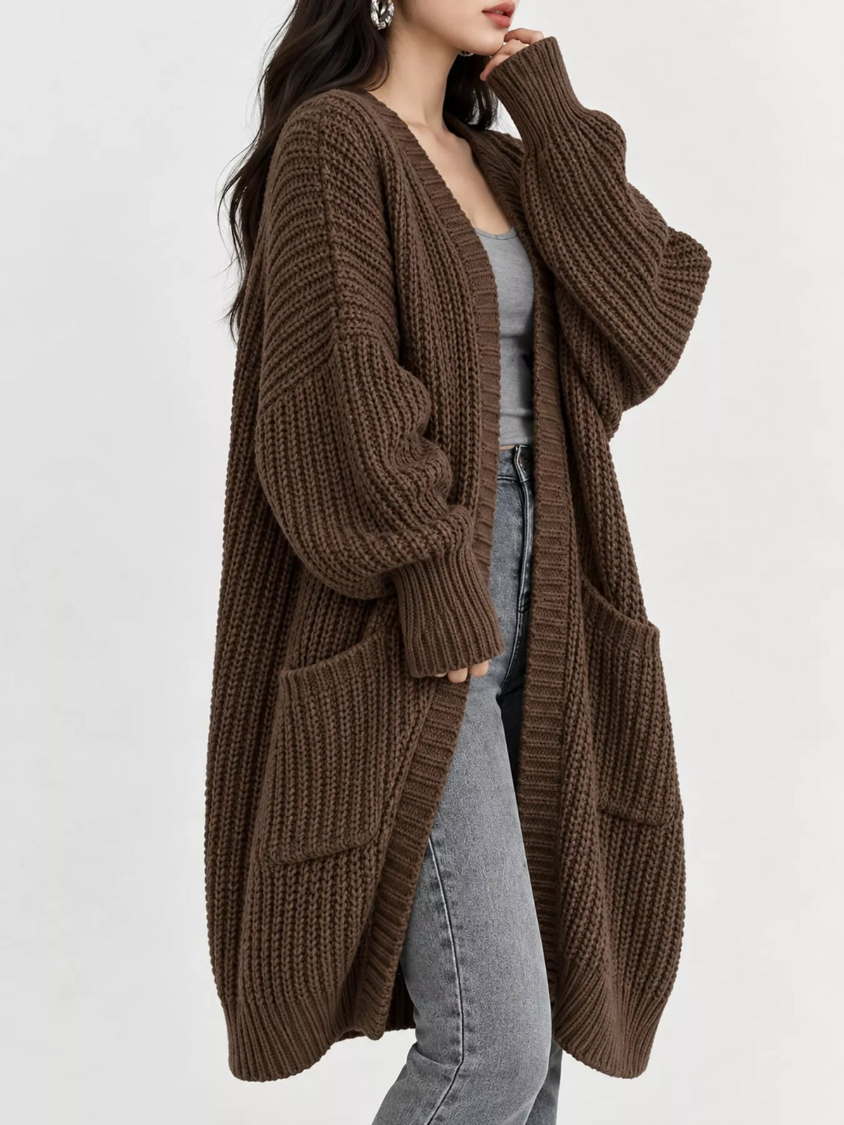 Full Size Chunky Knit Openwork Front Longline Cardigan Plus Size