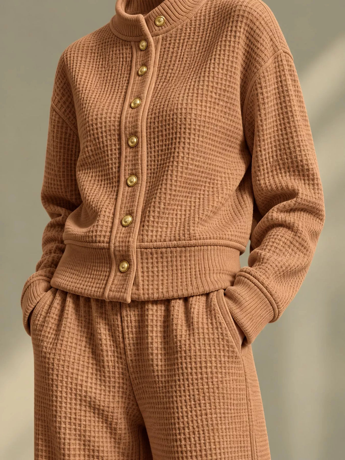 Waffle Knit Button-Up Outerwear and Wide-Leg Pants Set