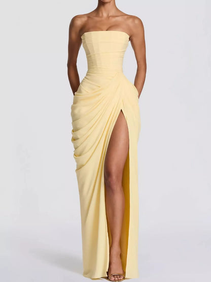 Elegant Strapless Ruched High-Slit Evening Dress