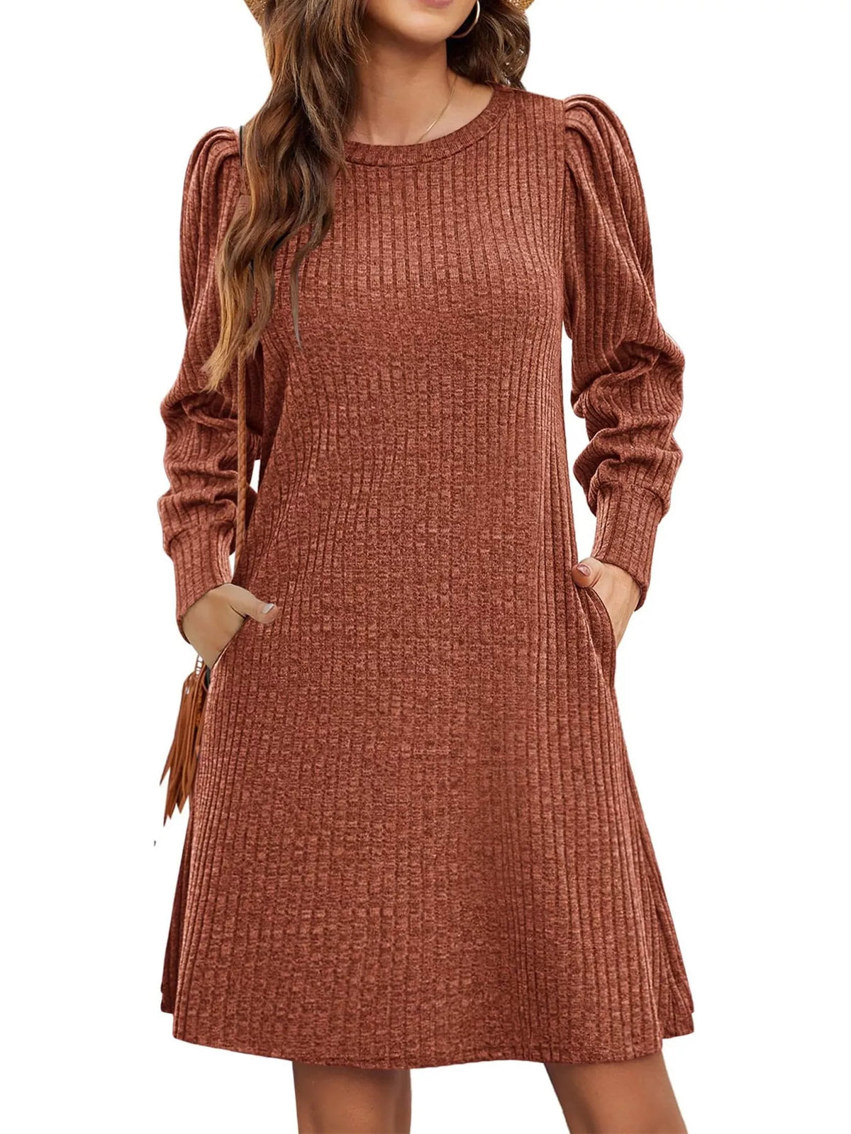 Puff Sleeve Ribbed Knit Dress with Pockets