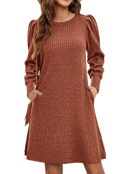 Puff Sleeve Ribbed Knit Dress with Pockets