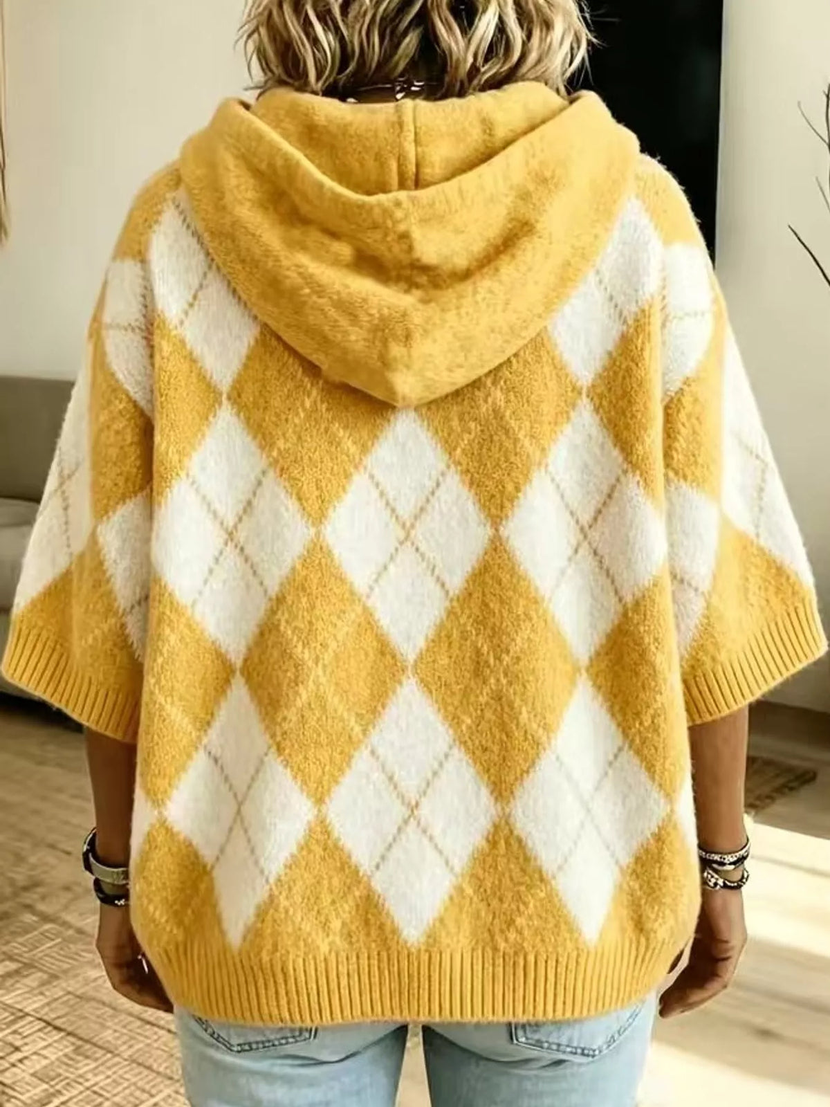 Full Size Argyle Pattern Hooded Sweater Plus Size