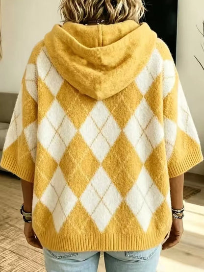 Full Size Argyle Pattern Hooded Sweater Plus Size