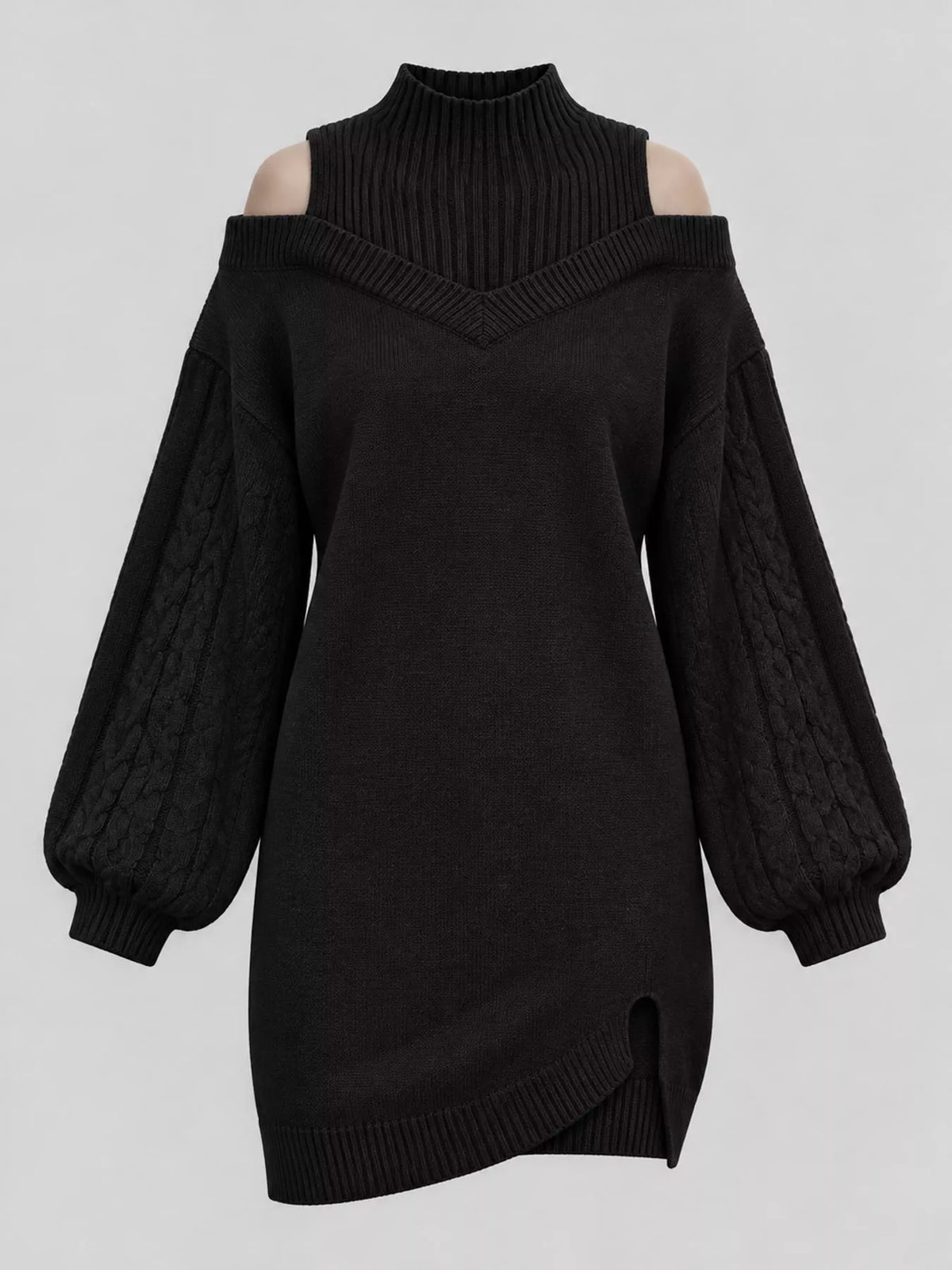 Cold Shoulder Cable Knit Mock Neck Sweater Dress