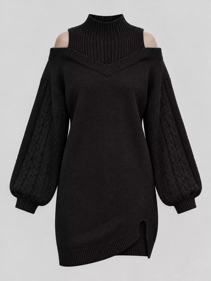 Cold Shoulder Cable Knit Mock Neck Sweater Dress